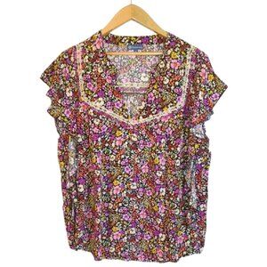 Democracy V-Neck Ruffle Flutter Sleeve Multicolor Floral Blouse | Size‎ 2X